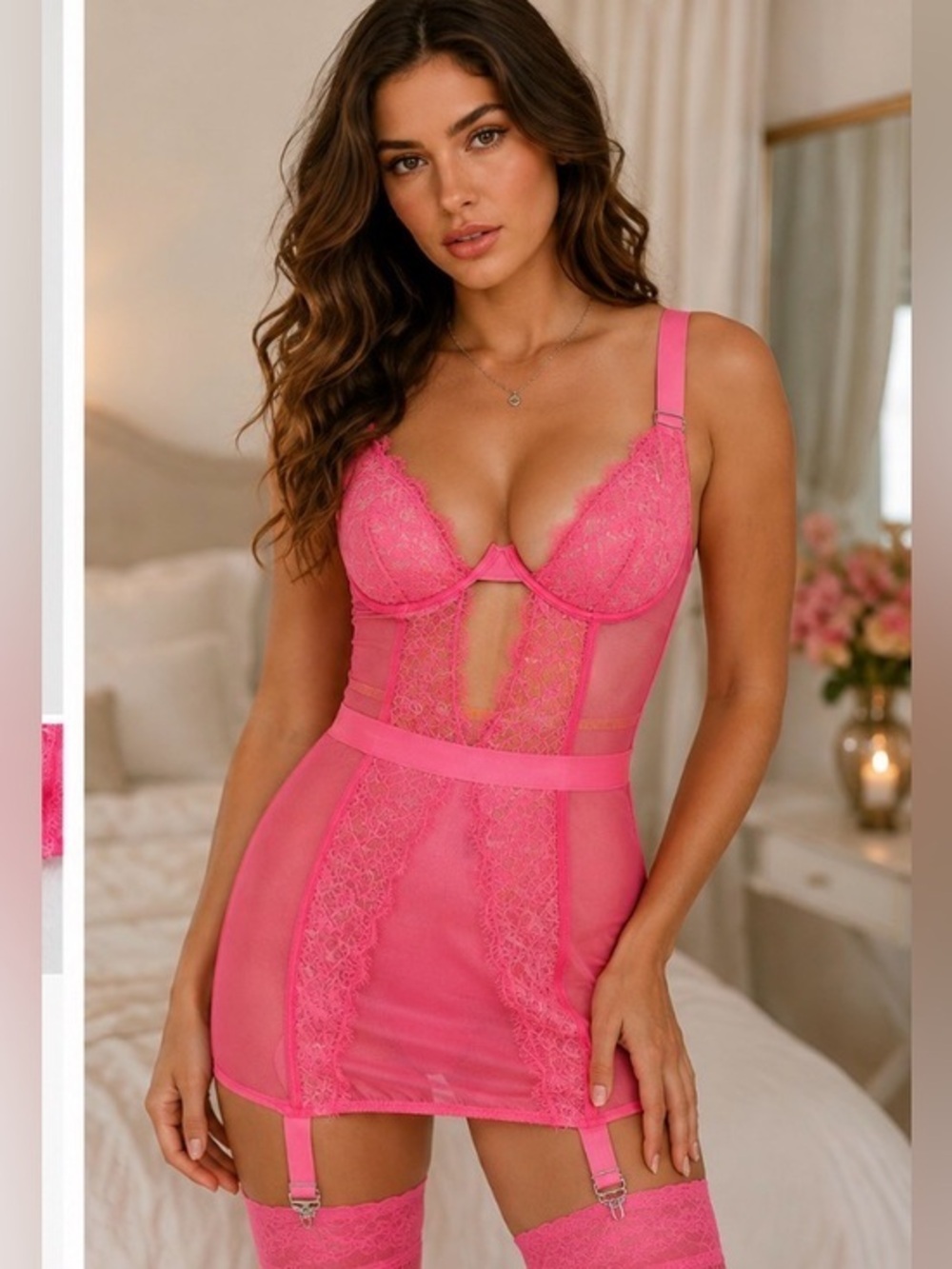 Victoria's Secret Hot Pink Lace Chemise with Garter Straps 34C